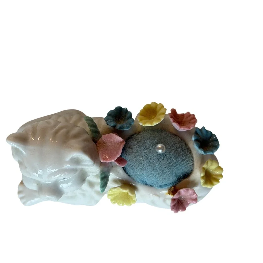 Vintage Ceramic White Cat Pincushion Floral Blue Pillow‎ 1978 Gift Notations